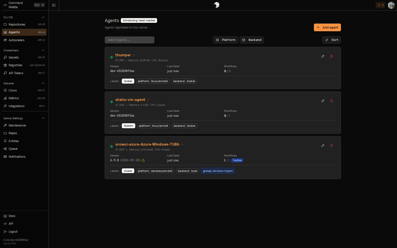 The Crow agent list with labels, versions and workflow capacity